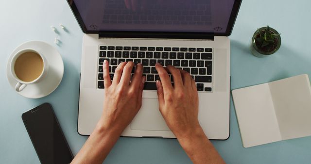 Hands Typing on a Laptop Near Coffee and Plant - Download Free Stock Images Pikwizard.com