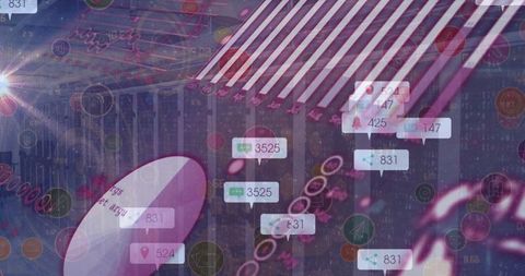 Digital analytics interface with floating numeric visuals and lens flare