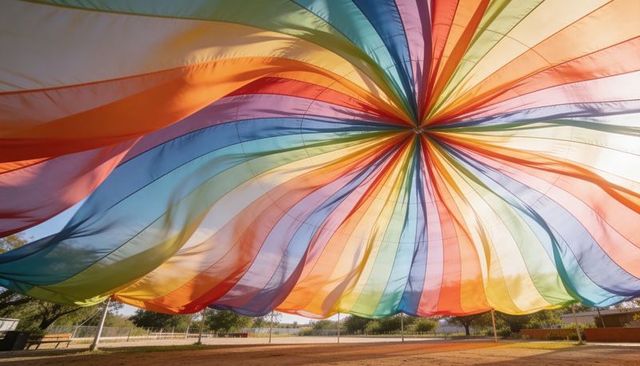 Giant rainbow parachute canopy creating starburst of translucent color over public park