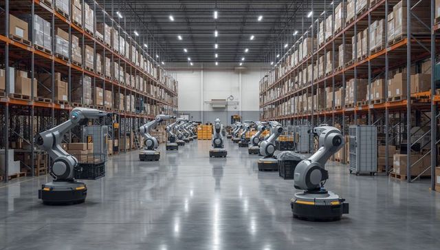Autonomous mobile robot arms navigating warehouse aisles for automated order fulfillment
