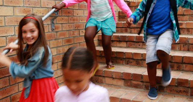 Children Running Down Brick Staircase Outdoors - Download Free Stock Images Pikwizard.com