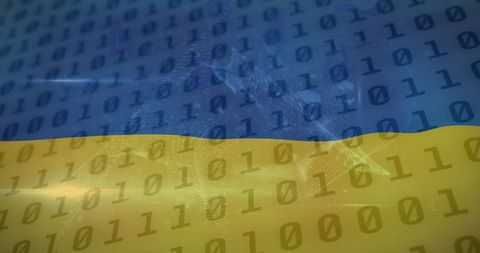 Ukrainian flag overlayed with binary code symbolizing digital resilience