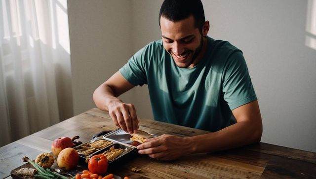 Smiling man arranging snacks on metal tray at wooden dining table with fresh produce