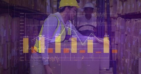 Warehouse Worker Handling Cargo with Logistics Analysis Overlay