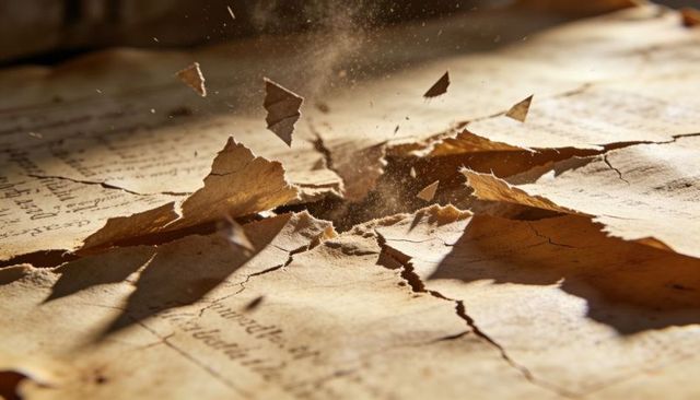 Sunlit Aged Parchment Tearing into Airborne Shards and Dust Texture