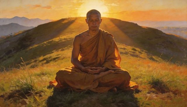 Meditating buddhist monk sitting on grassy hilltop at golden hour with backlit halo