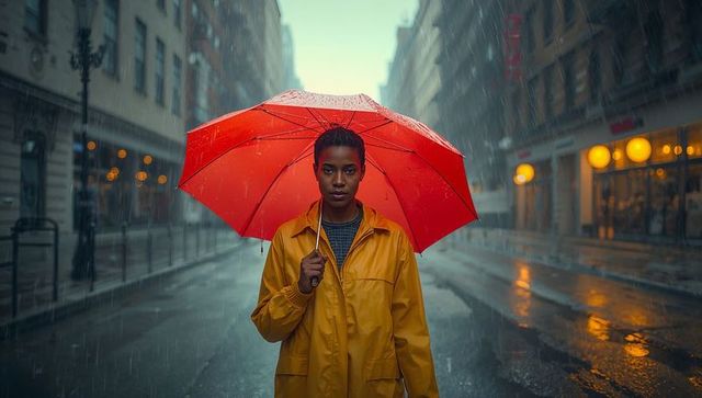 Standing under red umbrella in rainy city street wearing yellow raincoat, wet reflections