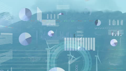 Infographic Overlays on Wind Farm with Spinning Turbines