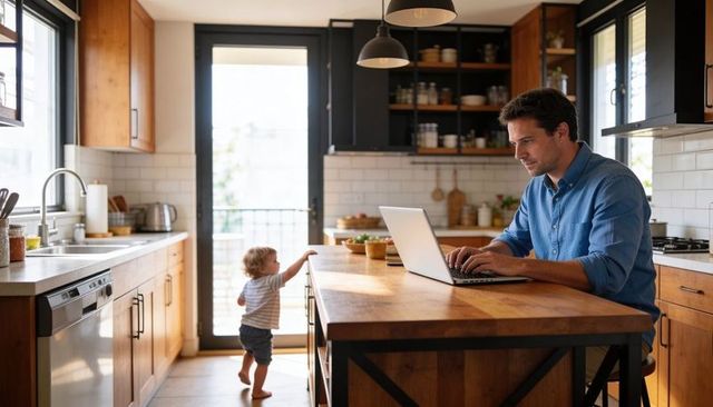 Working remotely at kitchen island, toddler reaching up in warm modern farmhouse kitchen