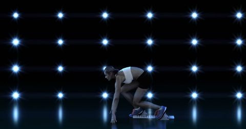 Athletic Woman Sprinting Against Vibrant Lights Background