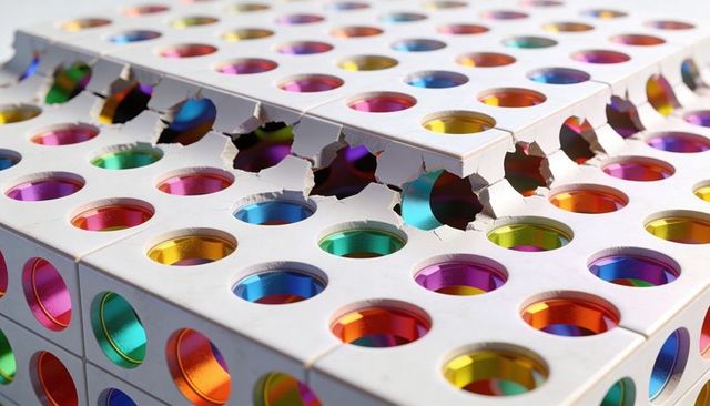 White perforated panels with rainbow metallic liners and torn edges, circular grid