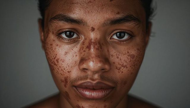 Intimate close-up portrait of male with pigmented skin patches and natural facial hair