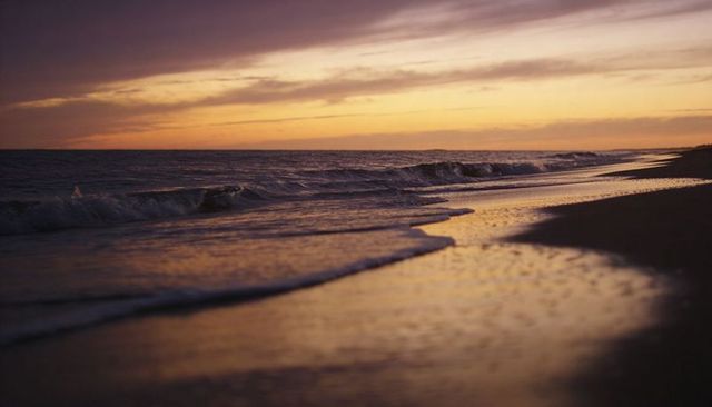 Golden sunset waves reflecting on wet sand along tranquil coastal horizon