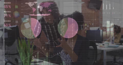 Team Collaborating in Modern Office with Financial Animations