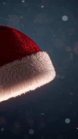 Santa Hat Tilting into Frame on Dark Bokeh Background Vertical Holiday Video