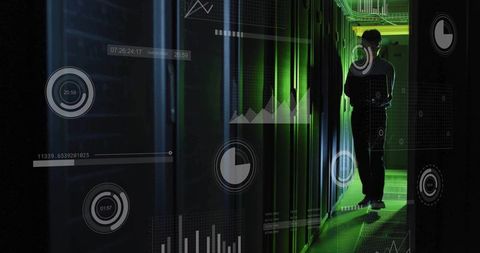 IT Technician Standing in Green-Lit Data Center Aisle Holding Phone Monitoring Network HUD