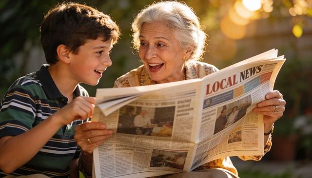 Grandmother and grandson reading local newspaper together in sunlit garden at golden hour