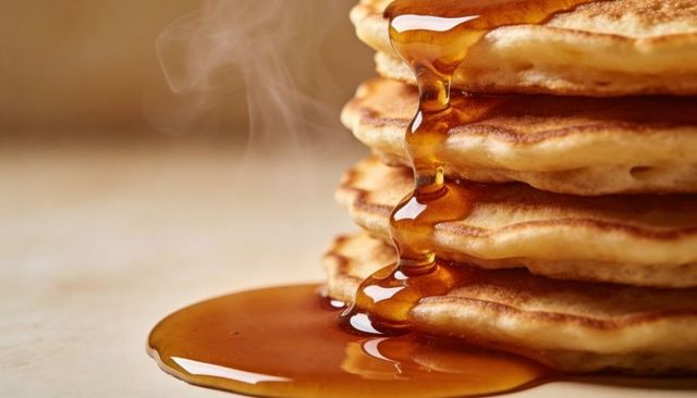 Pouring maple syrup cascading down golden pancake stack with rising steam and glossy drip