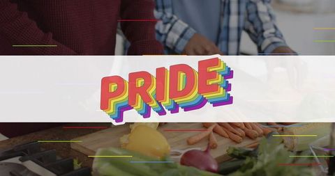 Cooking together with rainbow pride banner on countertop, gay couple preparing meal