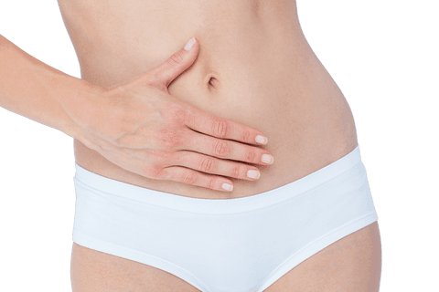 Young woman with stomach pain transparent background