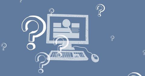 Question marks hovering over computer monitor artwork