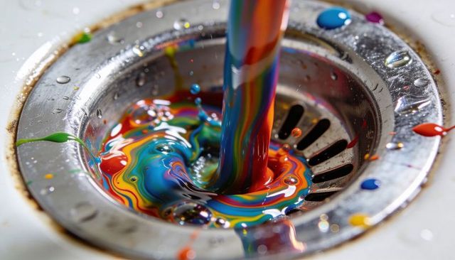 Pouring rainbow paint forming glossy multicolor swirl in stainless steel sink drain