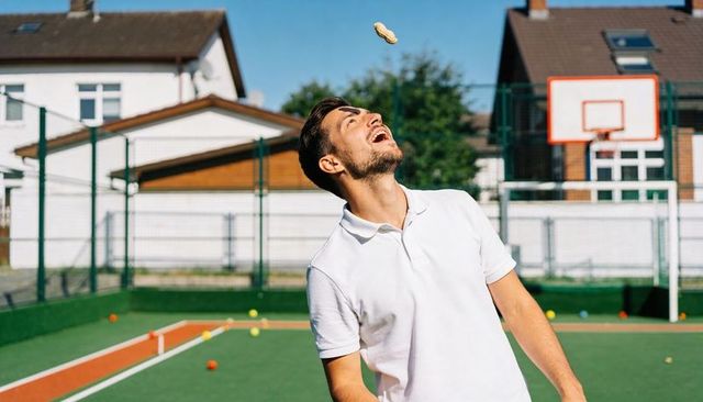 Young man tossing peanut overhead on neighborhood basketball court, sunny playful lifestyle