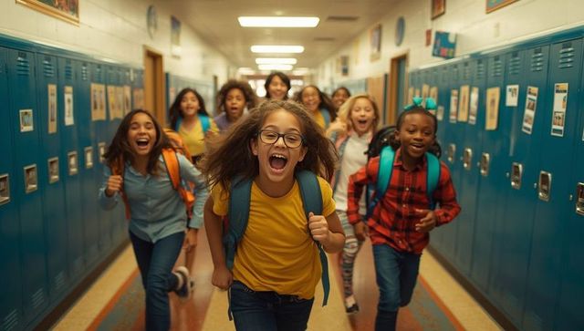Diverse Kids Excitedly Running Down School Hallway with Backpacks