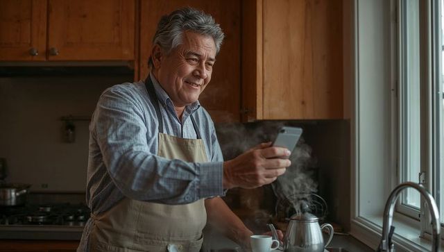 Senior man checking smartphone at sunlit kitchen counter while brewing tea, smiling