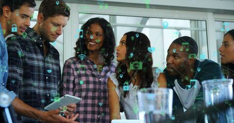 Diverse Office Team Collaborating with Digital Network Graphics