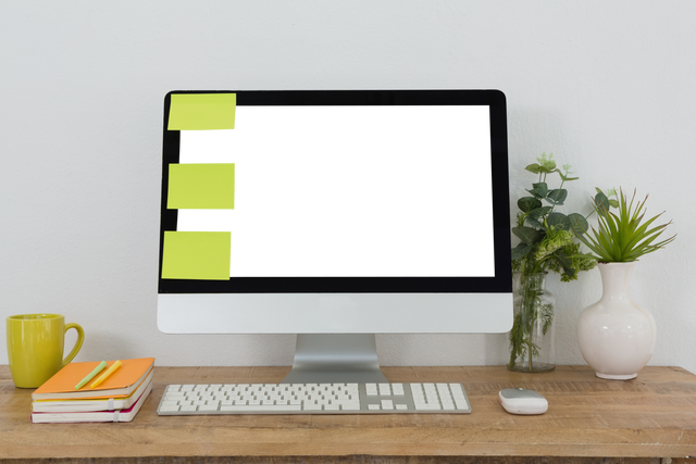 Transparent Computer Screen with Sticky Notes and Office Plants - Download Free Stock Videos Pikwizard.com