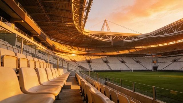 Sunlit oval stadium interior with rows of empty beige seats and glass barriers