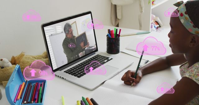 Young Girl Attending Online Learning Class with Cloud Icons on Laptop - Download Free Stock Images Pikwizard.com