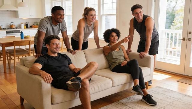 Active friends relaxing together on sofa after workout in bright open-plan living room