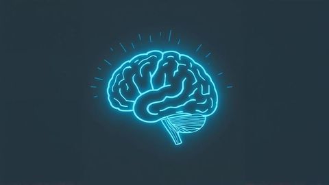 Neon glowing brain icon symbolizing innovation and technology