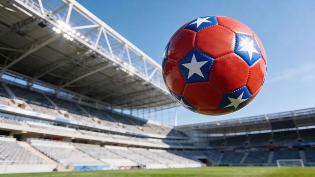 Floating red-blue soccer ball with white stars hovering over modern stadium pitch