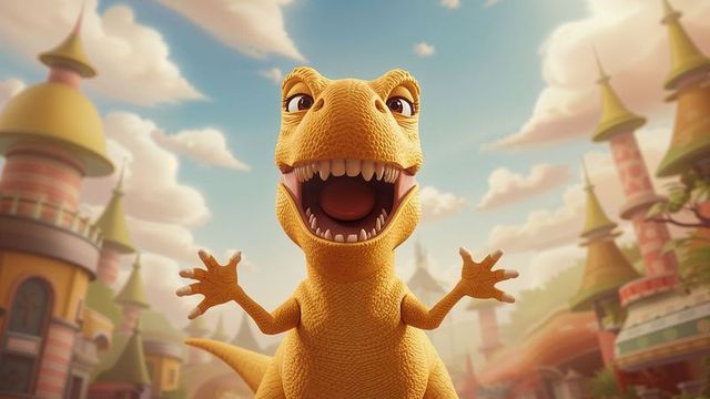 Whimsical cartoon dinosaur roars in medieval fantasy village