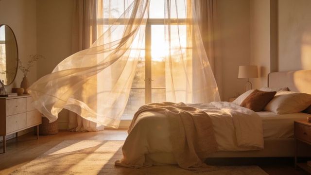 Sunlit scandinavian bedroom with flowing sheer curtains and cozy layered linen bedding