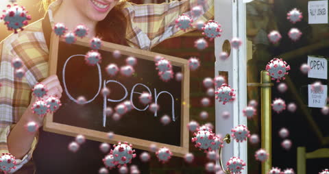 Smiling Waitress Holding Open Sign with Virus Cells Animation