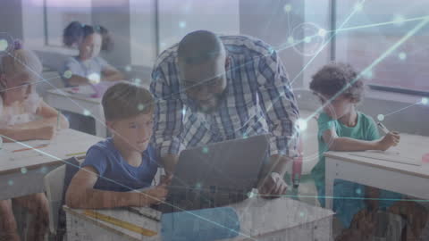 Teacher Assisting Students in Modern Classroom with Digital Network Overlay
