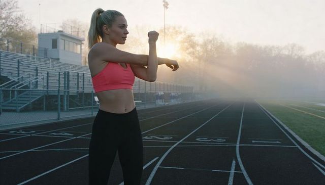 Female athlete stretching on track at sunrise preparing for run on stadium lanes
