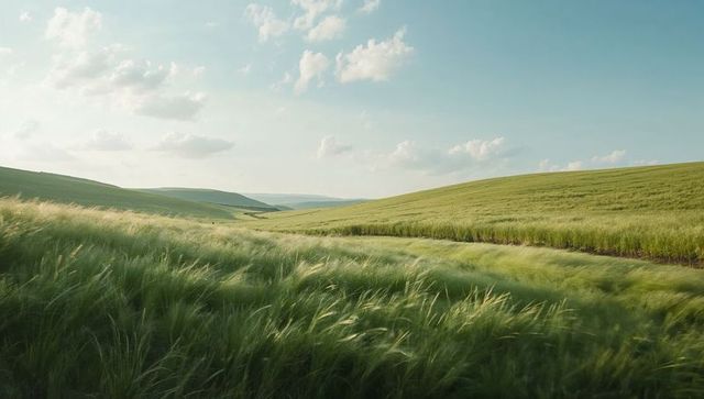 Swaying Barley Fields Rolling Hills Dirt Track Under Soft Blue Sky