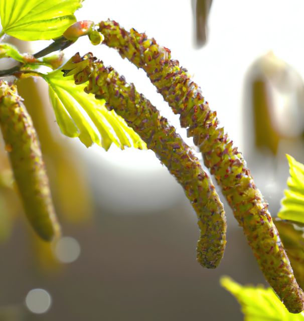 This close-up of birch tree catkins with fresh green leaves showcases the delicate details of early spring growth. The vibrant green leaves and catkins are beautifully highlighted, capturing the essence of nature awakening. Useful for illustrating themes of botany, spring, nature, growth, and outdoor environments. Ideal for educational materials, nature blogs, and ecological awareness campaigns.