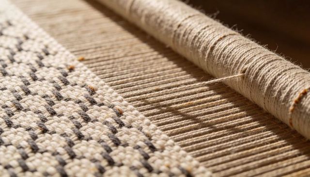 Handwoven textile close-up showing warp threads, bobbin and loom bed with natural fibers