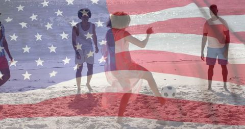 Diverse Friends Playing Football on Sandy Beach with USA Flag Overlay