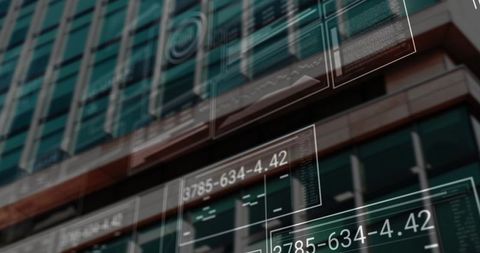 Urban glass facade displaying augmented reality hud overlays on high-rise streetscape with reflectio