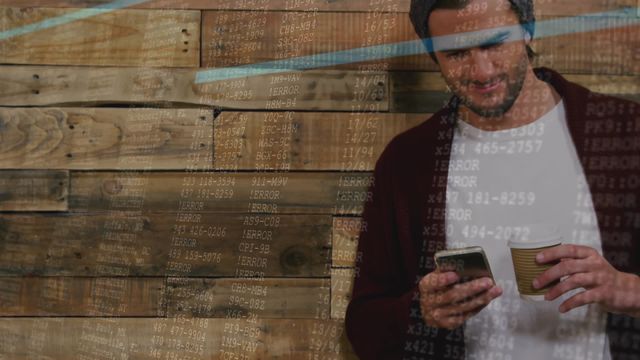 Young businessman standing against wooden wall is browsing smartphone while holding a coffee cup. Digital financial data is superimposed on scene, suggesting theme of technology, finance, and business efficiency. Suitable for illustrating concepts like mobile finance, finance management, or digital economical trends. Useful for article illustrations, presentations on modern business environments, and financial technology promotions.