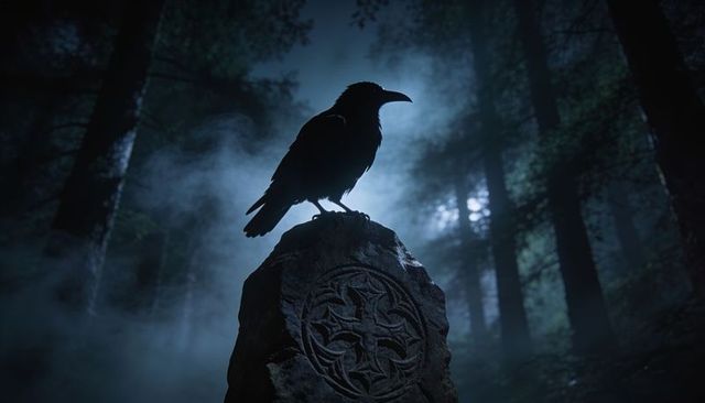 Raven perching on carved standing stone in misty pine forest under moonlight