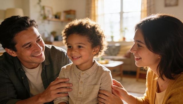 Sunlit family moment smiling parents engaging with happy preschool child on cozy sofa home warmth