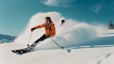 Dynamic Skiers Carving Powdered Snow on Alpine Slope